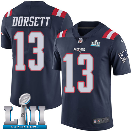 Nike Patriots #13 Phillip Dorsett Navy Blue Super Bowl LII Men's Stitched NFL Limited Rush Jersey - Click Image to Close